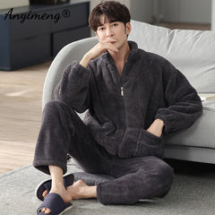 Fashion Coral Fleece Pajamas for Men Solid  Homewear Sporty