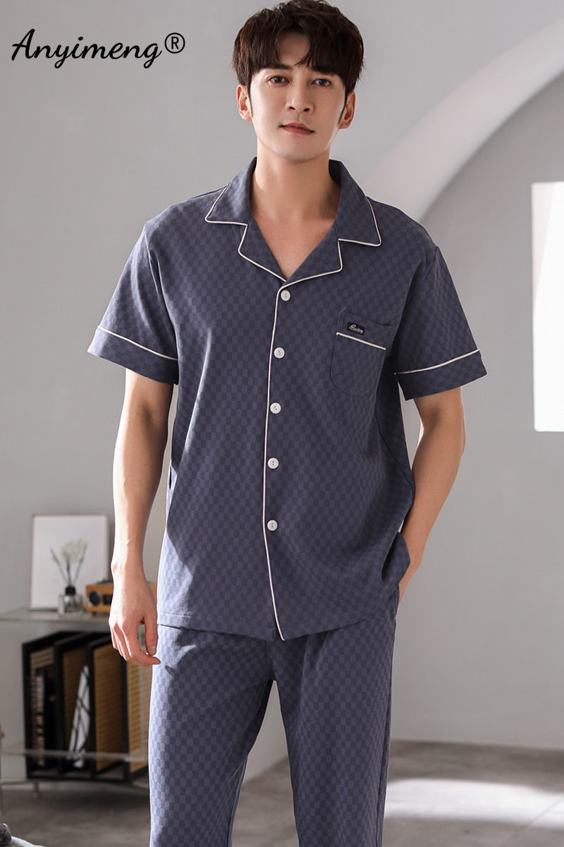 Man V-neck Cardigan Summer Pjs Cotton Elegant Printing Turn-down Collar