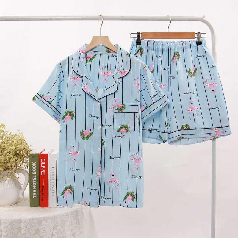 Cotton Pajamas Heart Stripe Print Short Sleeve Pajamas Sets