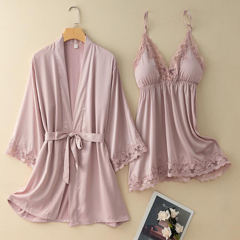 2PCS Lace Robe Set Women Kimono Sleepwear Sleep Suit