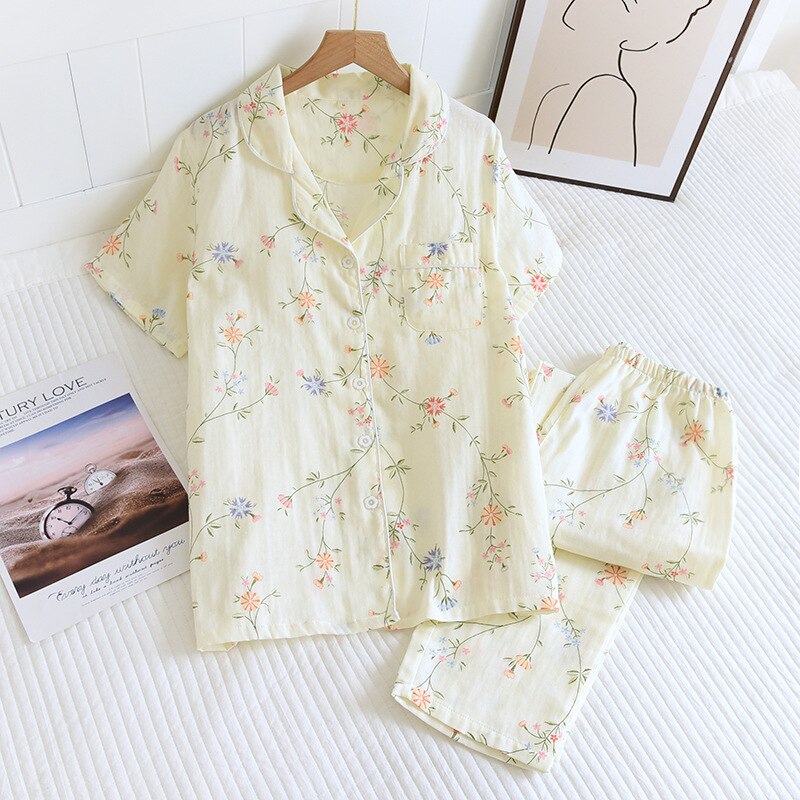 Summer Cotton Gauze Pajamas Women Short Sleeved Trousers Set