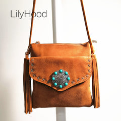 Genuine Leather Suede Bohemian Pouch Handbag Boho Chic Gypsy Hippie