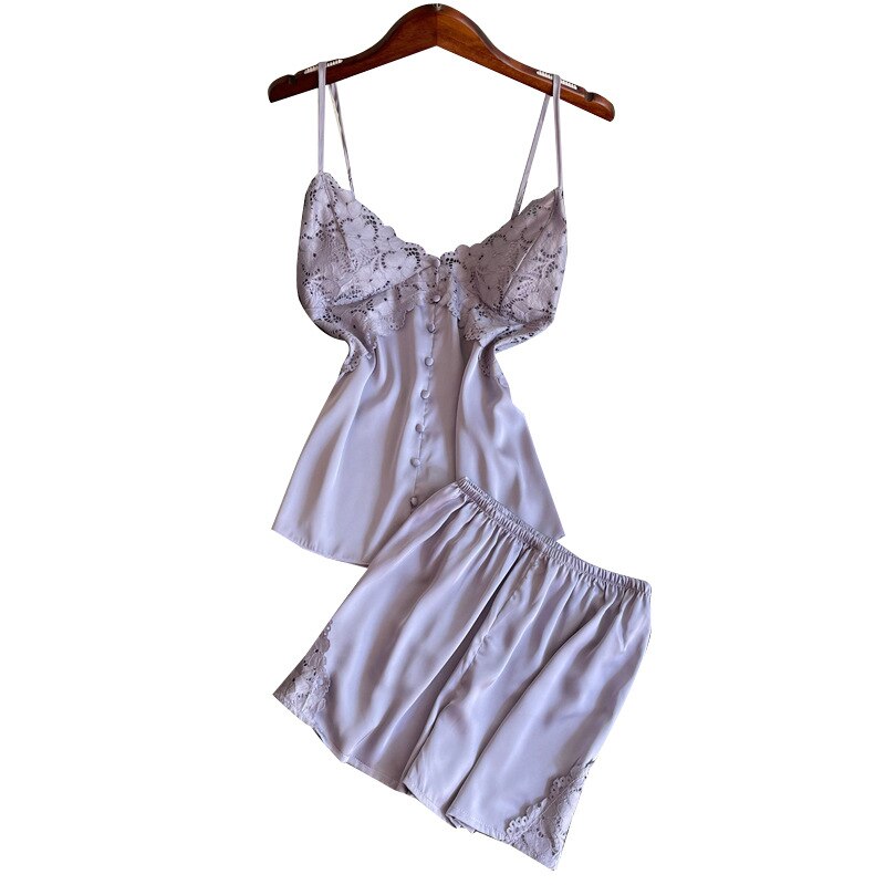 Two Pieces Pajamas Sleep Set Lace Sleepwear Lady Satin Nightgown