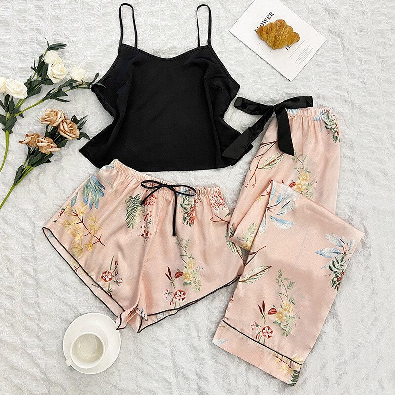 3pcs Print Pajamas Set Strap Shorts Sleep Suit Summer Sleepwear Nightwear