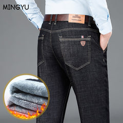 Fleece Jeans Men Business Cotton Straight Pants Baggy Trousers