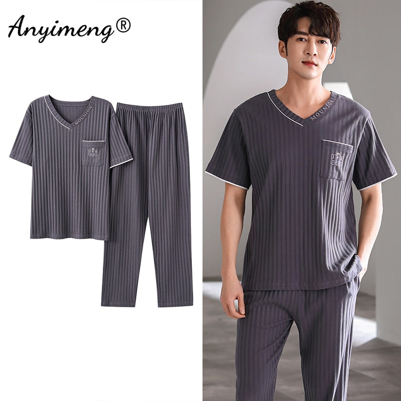 Cotton Men Pajama Sets Short Sleeve Long Pants Casual Loungewear