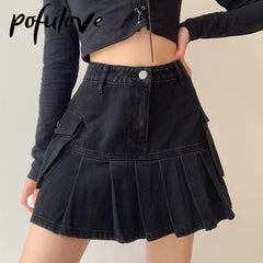 Jeans Mini Skirt Goth Denim Pleated Skirts with Big Pockets W