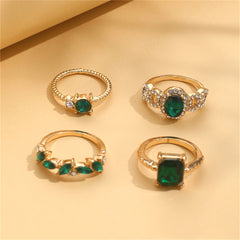 4Pcs Vintage Green Crystal Rings for Women Charms Geometric Set