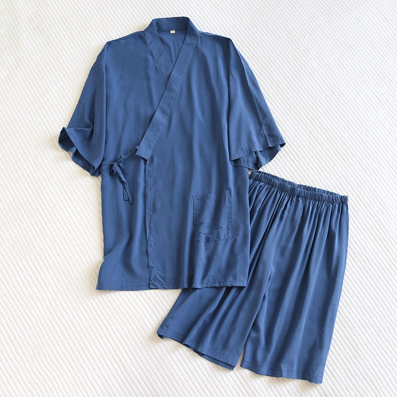 Men Kimono Sleepwear Set Spring And Fall Solid Color Homewaer Viscose