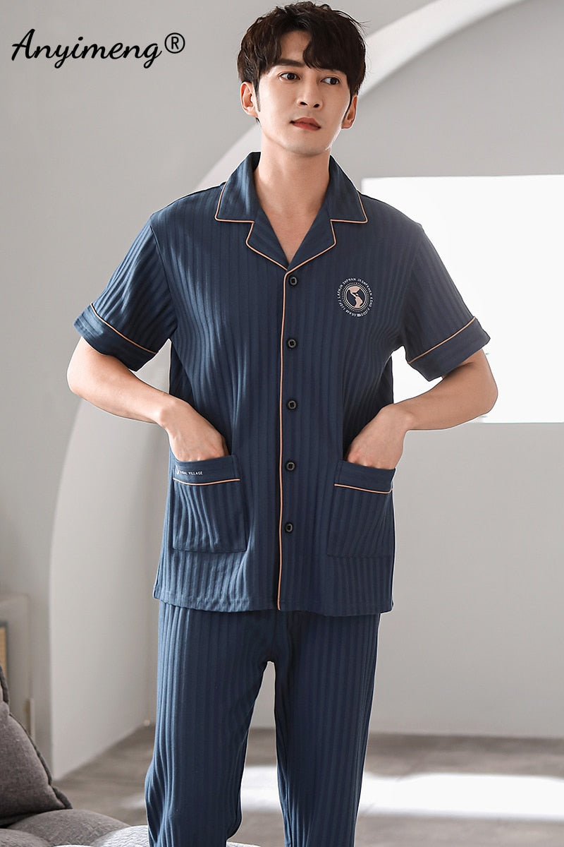 Man V-neck Cardigan Summer Pjs Cotton Elegant Printing Turn-down Collar