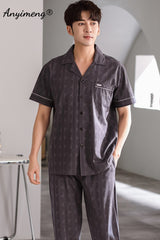 Man V-neck Cardigan Summer Pjs Cotton Elegant Printing Turn-down Collar