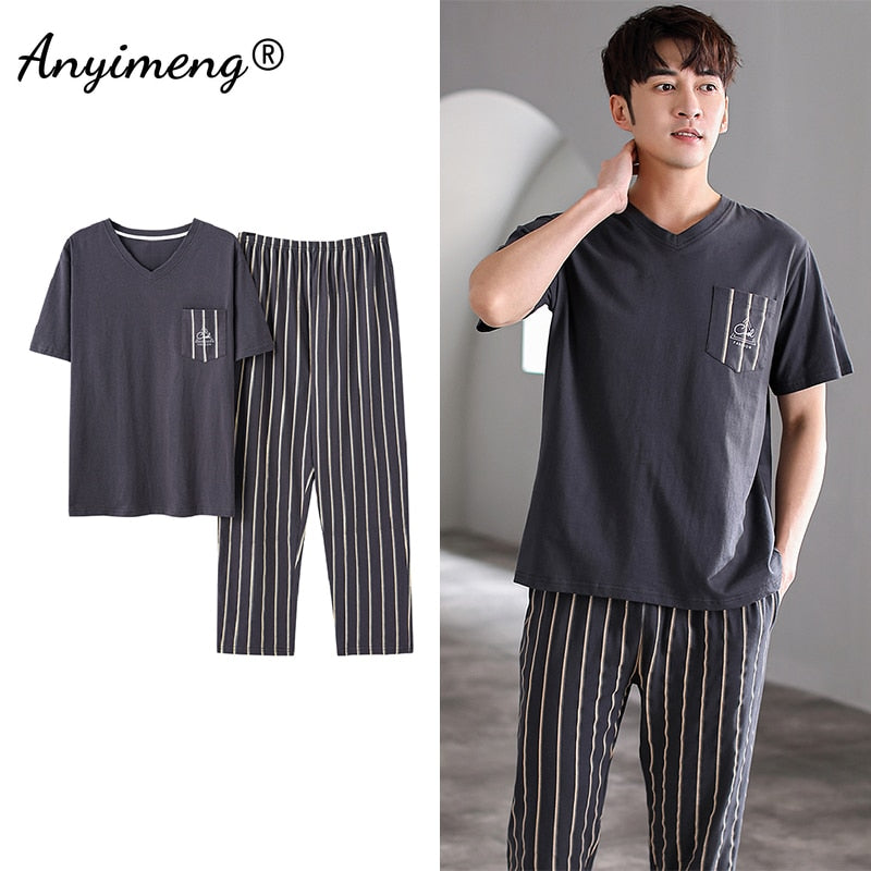 Cotton Men Pajama Sets Short Sleeve Long Pants Casual Loungewear