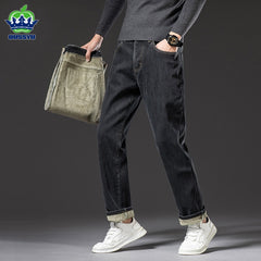 Jeans For Men Thick Fleece Loose Straight Warm Elastic Denim