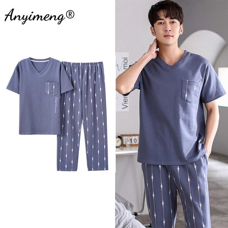 Cotton Men Pajama Sets Short Sleeve Long Pants Casual Loungewear