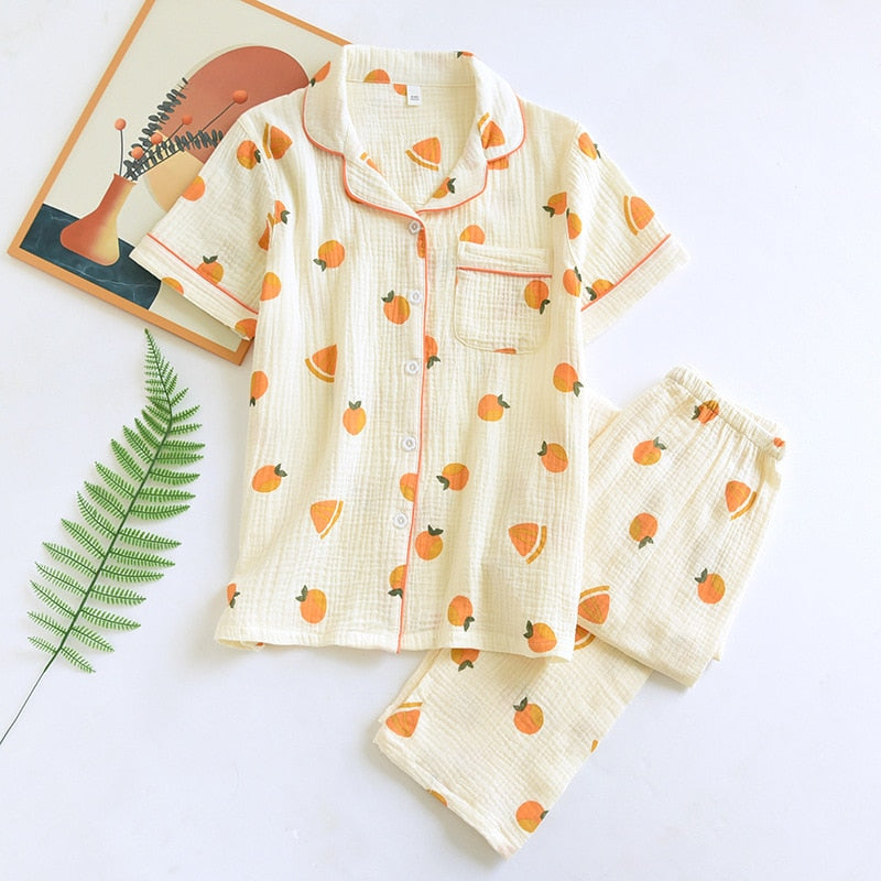 Cotton Crepe Pajamas Short Sleeve Spring Pajama Set Flower Print Sleepwear