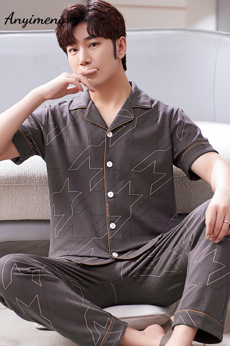 Mens Cotton Pajamas Set Fashion Simple Leaf Printing Cardigan