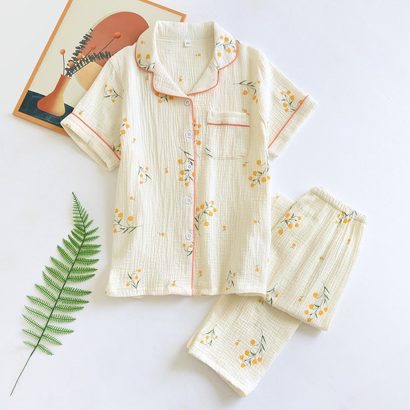 Cotton Crepe Pajamas Short Sleeve Spring Pajama Set Flower Print Sleepwear