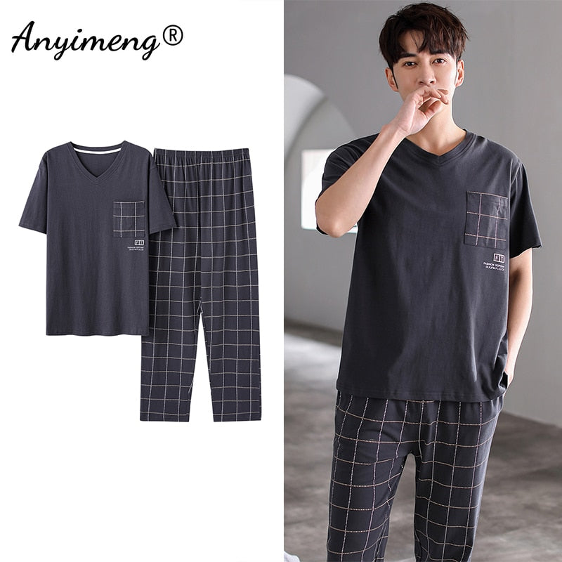 Cotton Men Pajama Sets Short Sleeve Long Pants Casual Loungewear