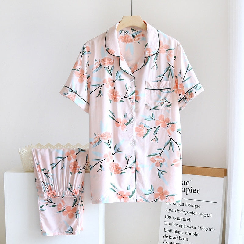 viscose pajamas short-sleeved flowers comfortable plus size homewear suit