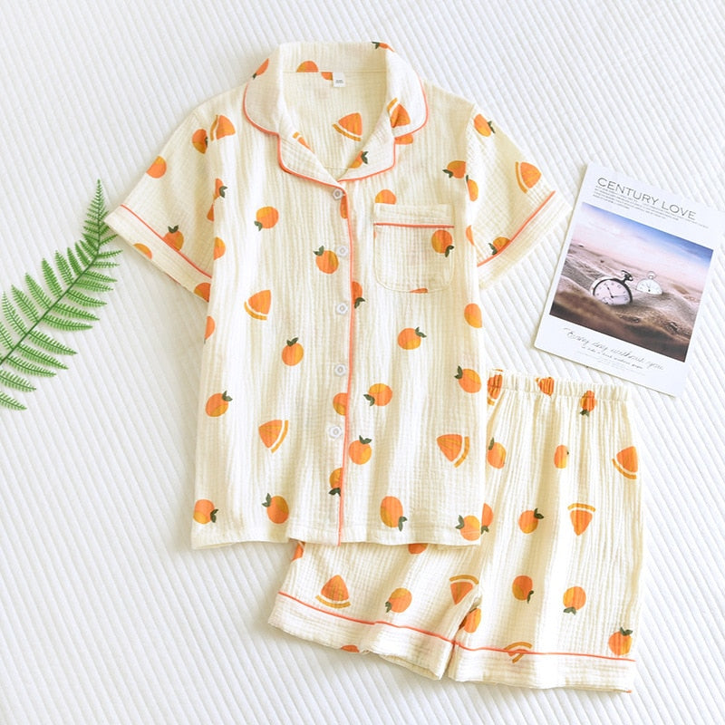 Cotton Crepe Pajamas Short Sleeve Spring Pajama Set Flower Print Sleepwear