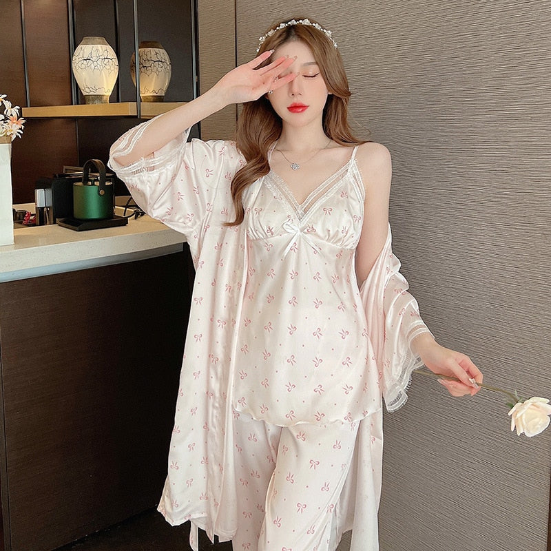 3PCS Lace Bathrobe Pajamas Satin Robe Gown Loungewear  Kimono Nightwear