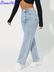 High Waist Straight Leg Jeans Simple Style Casual Cotton Denim Pants