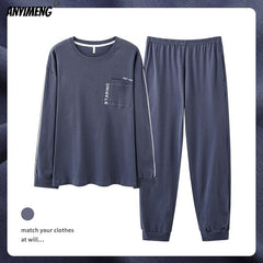 Mens Navy Pajamas Set L-4XL Cotton Causal Sleepwear