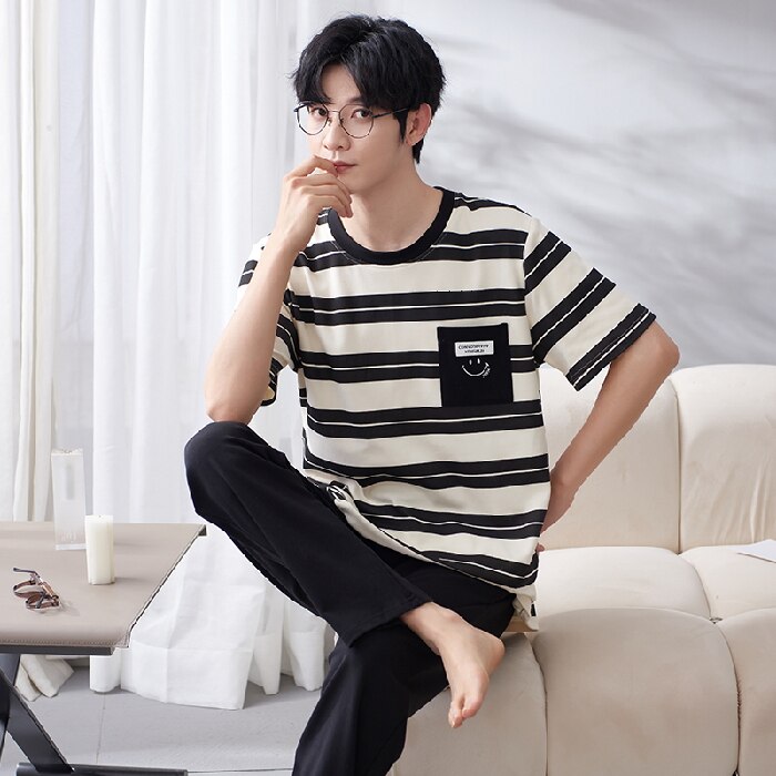 Pajamas Set for Men  Soft Short Sleeve T Shirt Long Pant 2 Pcs