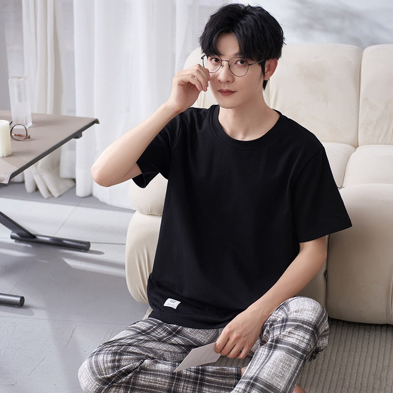 Pajamas Set for Men  Soft Short Sleeve T Shirt Long Pant 2 Pcs