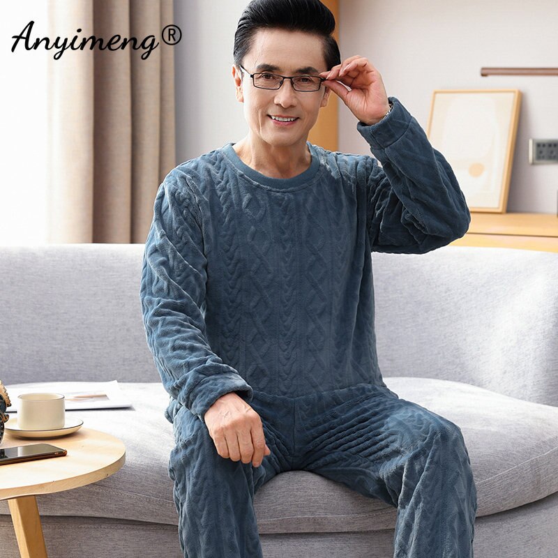 Plain Male Plain Pajamas Set Thick Sleep Tops Nightwear Long Sleeved