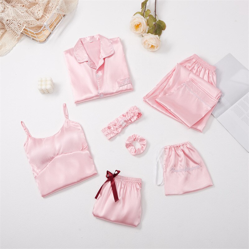 Strap Sleepwear Pyjamas Women 7 Pieces Pink Pajamas Sets Satin Silk Lingerie