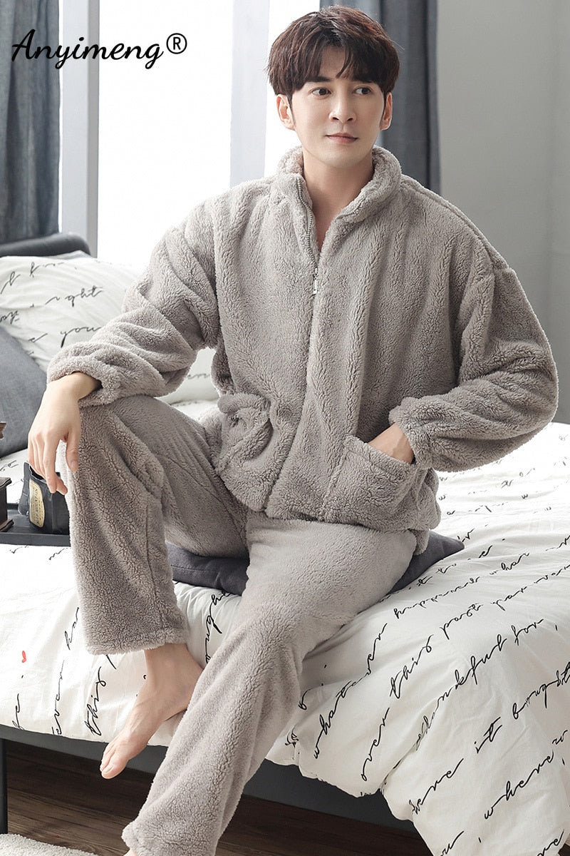 Fashion Coral Fleece Pajamas for Men Solid  Homewear Sporty