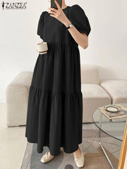 Woman Casual Tiered Dress Puff Short Sleeve Solid Color