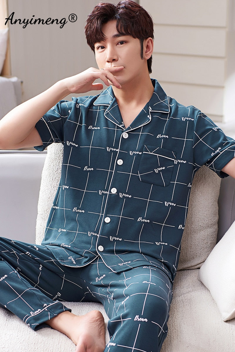 Mens Cotton Pajamas Set Fashion Simple Leaf Printing Cardigan