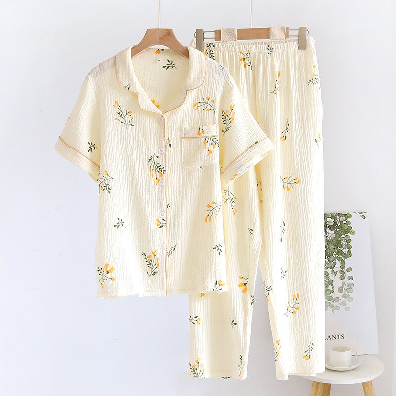 Cotton Crepe Sleepwear Short Sleeve Trousers Print Two Piece Set Loungewear