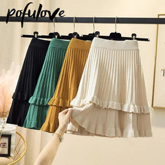 Knitted High Waist Pleated Skirt A-line Skirts Ruffled