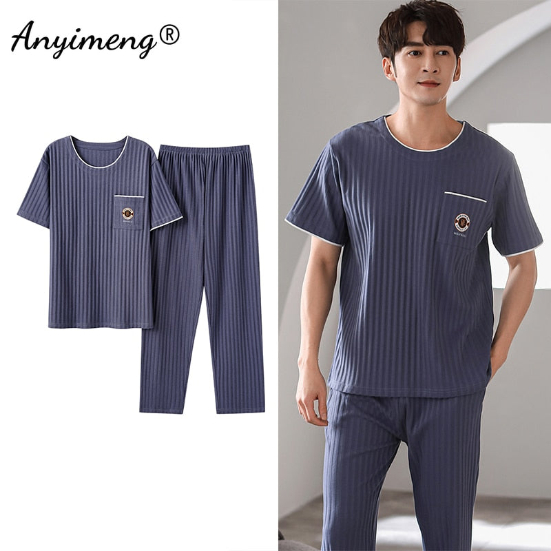 Cotton Men Pajama Sets Short Sleeve Long Pants Casual Loungewear