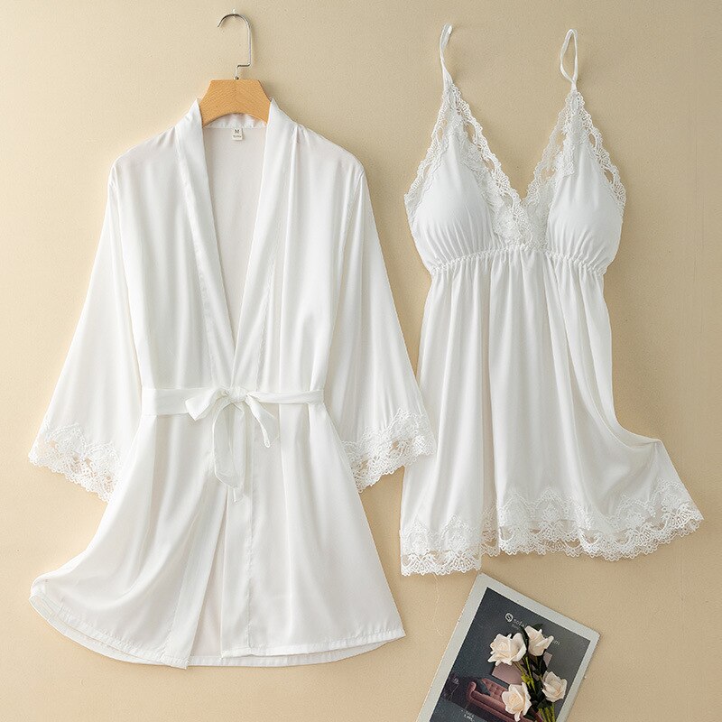 2PCS Lace Robe Set Women Kimono Sleepwear Sleep Suit