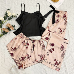 3pcs Print Pajamas Set Strap Shorts Sleep Suit Summer Sleepwear Nightwear