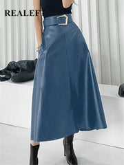 Classic Faux PU Leather Long Skirts  High Waist Fashion