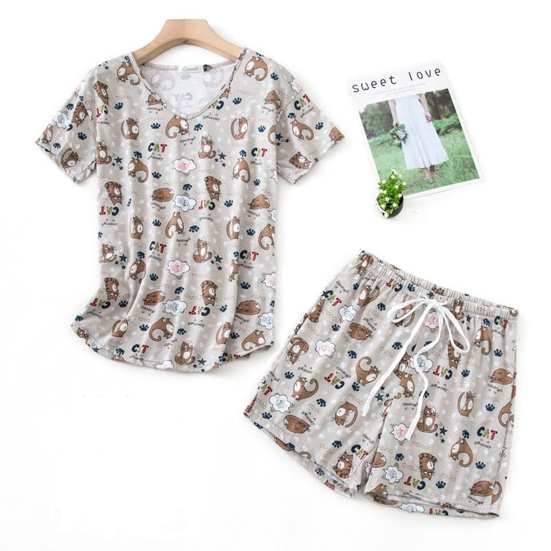 Summer Women Comfortable Cute Pajama Set Girl Print Pyjama Set