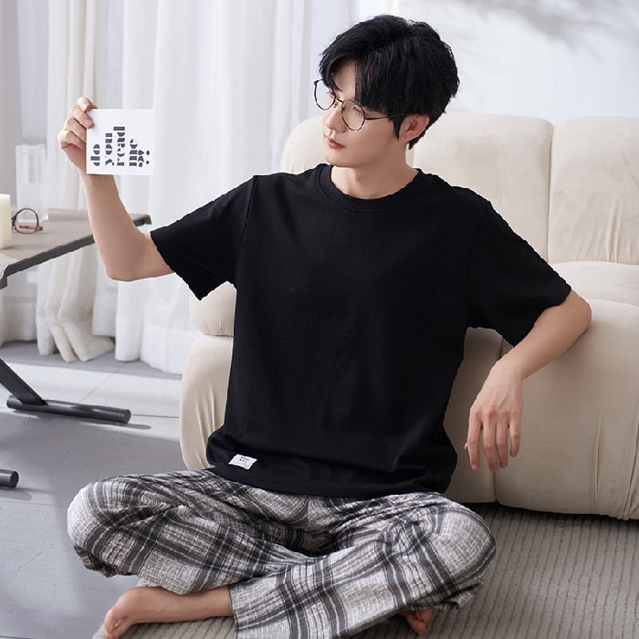 Pajamas Set for Men  Soft Short Sleeve T Shirt Long Pant 2 Pcs