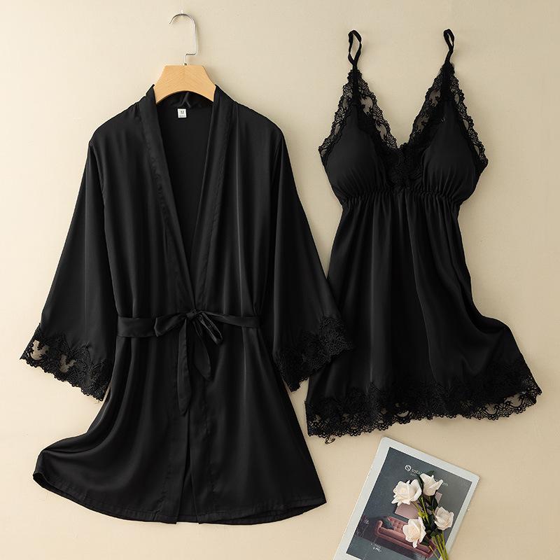 2PCS Lace Robe Set Women Kimono Sleepwear Sleep Suit