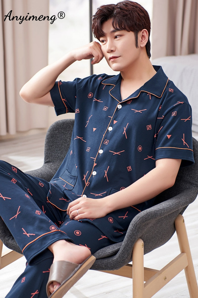 Mens Cotton Pajamas Set Fashion Simple Leaf Printing Cardigan