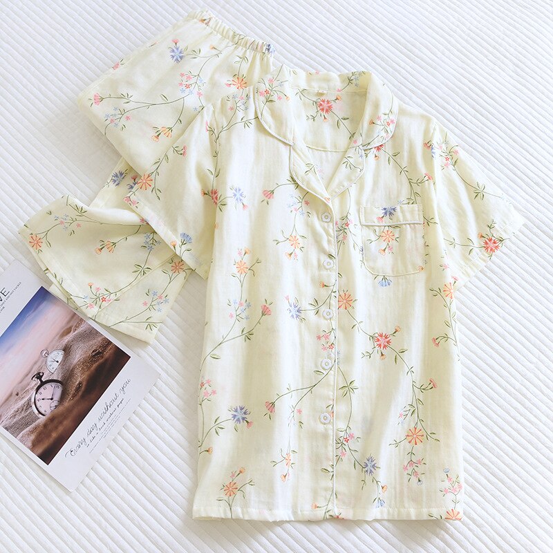 Summer Cotton Gauze Pajamas Women Short Sleeved Trousers Set