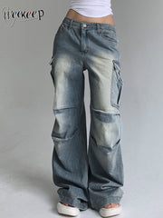 Loose Denim Cargo Pants Low Rise Big Pockets Streetwear