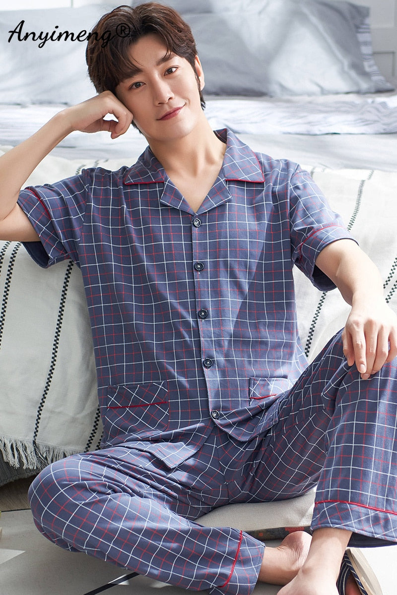 Mens Cotton Pajamas Set Fashion Simple Leaf Printing Cardigan