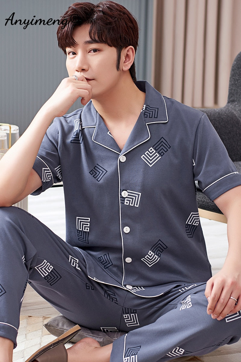 Mens Cotton Pajamas Set Fashion Simple Leaf Printing Cardigan