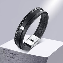 Name Leather Bracelets for Men Glossy Stainless Steel