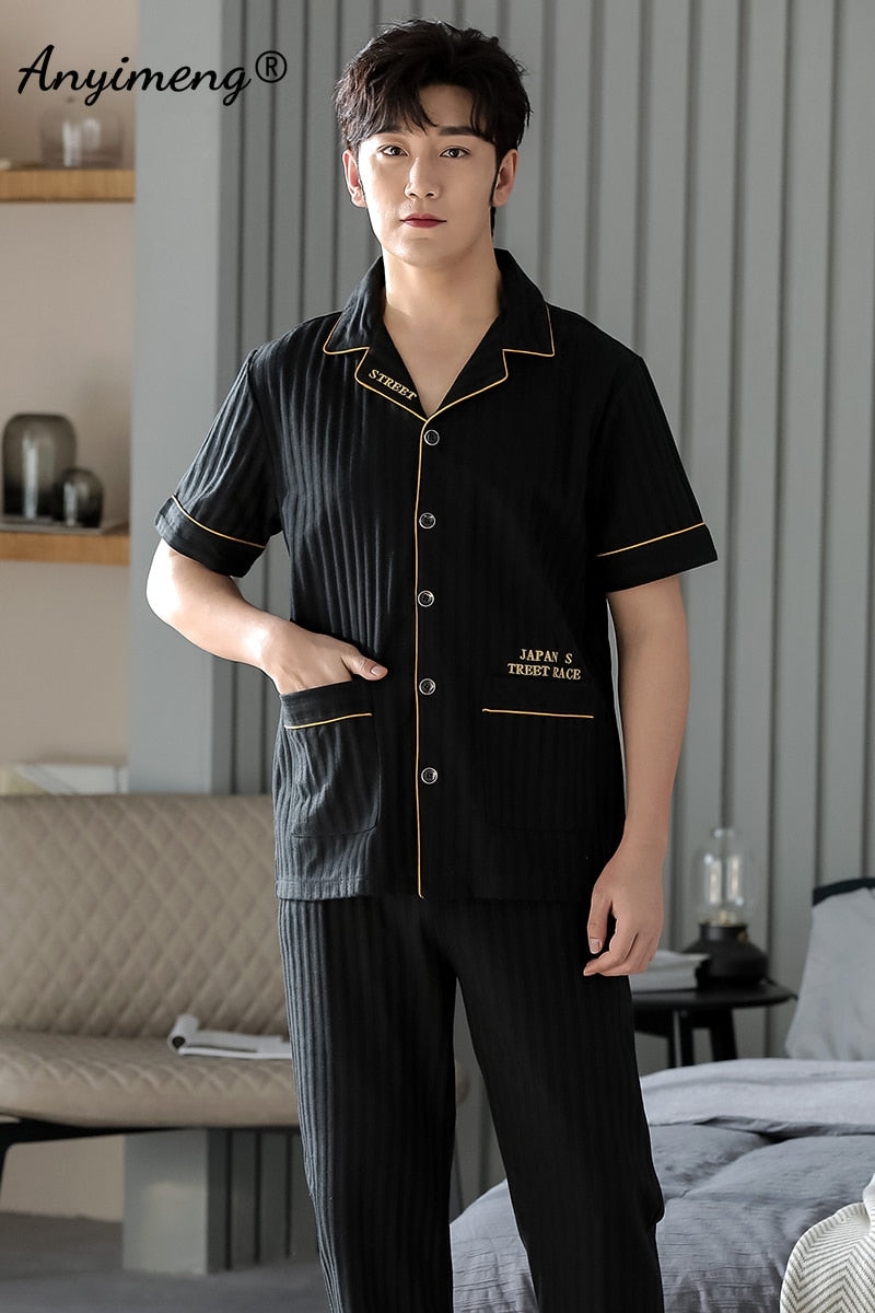 Man V-neck Cardigan Summer Pjs Cotton Elegant Printing Turn-down Collar